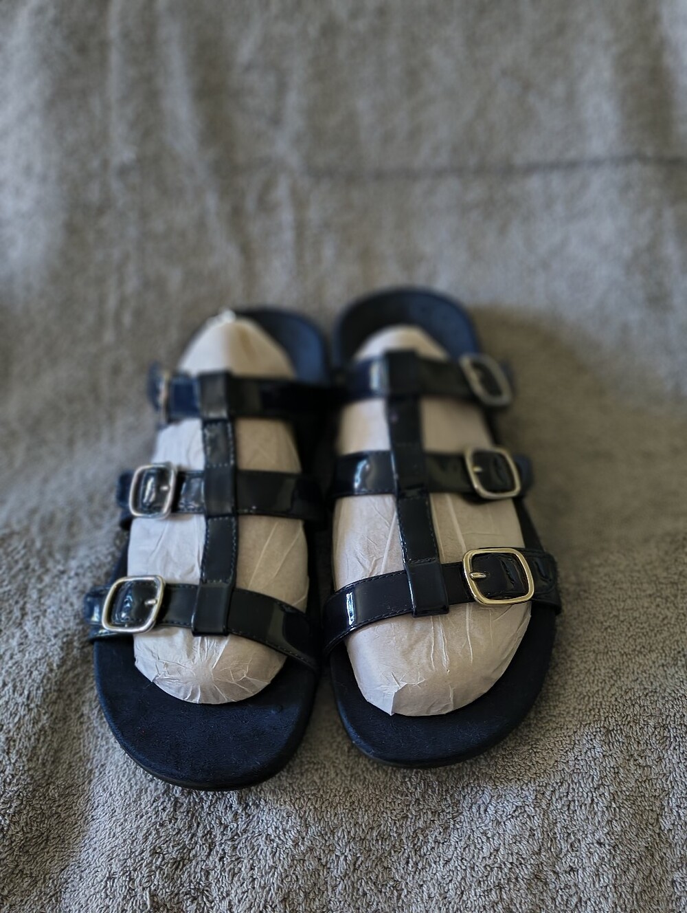 Vionic Misa Womens Blue Patent Leather Triple Strap Orthopedic Sandals Size 10
